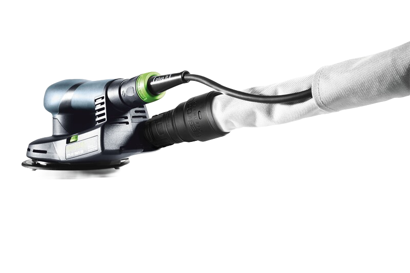 Woodworking sander connected to Festool anti-static hose with protective sleeve for dust extraction in tools collection