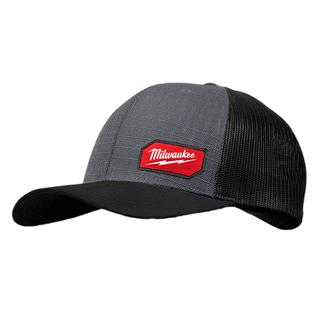 Gray and black snapback trucker hat with mesh back and red logo patch for tools and home improvement fans