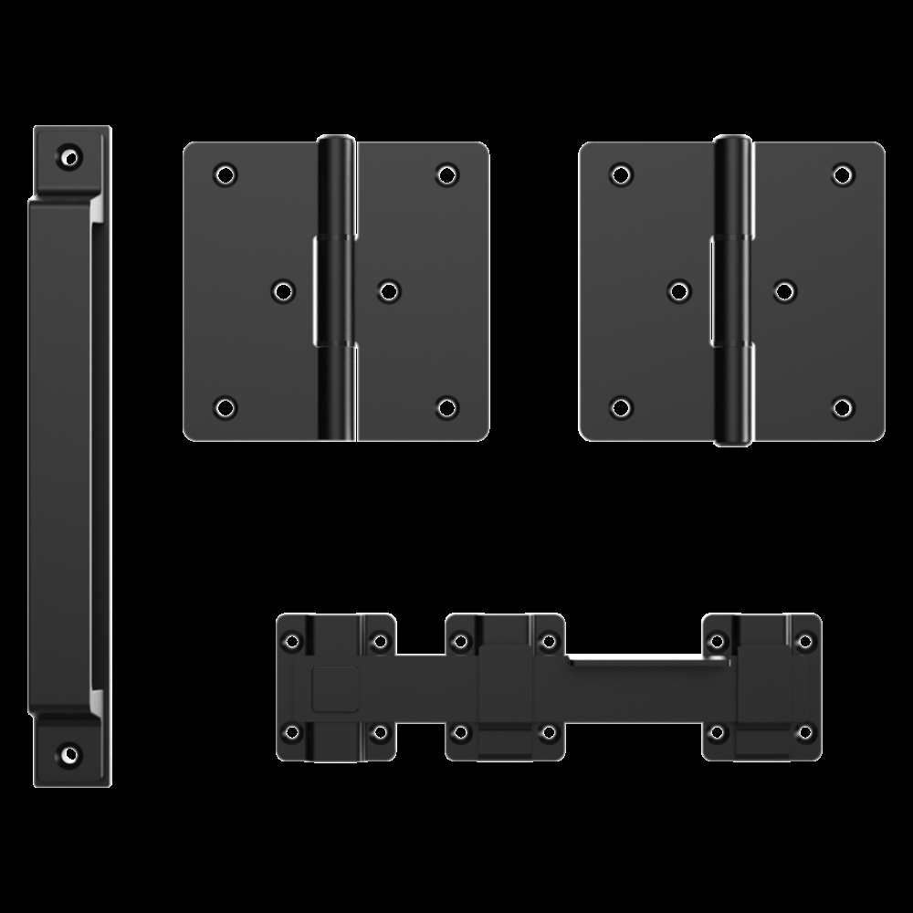 Black modern four-piece gate hardware set including hinges, handle, and latch for door and gate accessories under $100