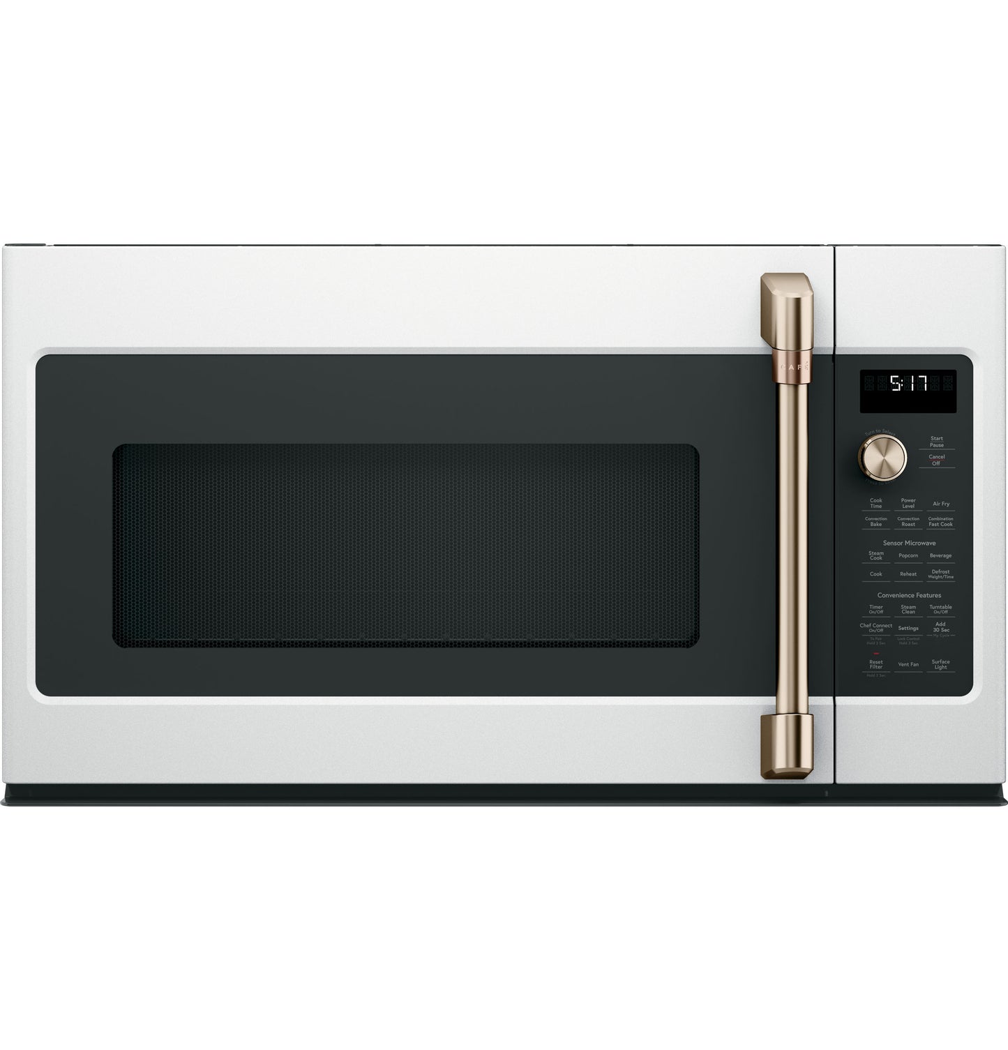 Modern stainless steel over-the-range microwave with digital display, dial control, and bronze handle from kitchen appliances collection