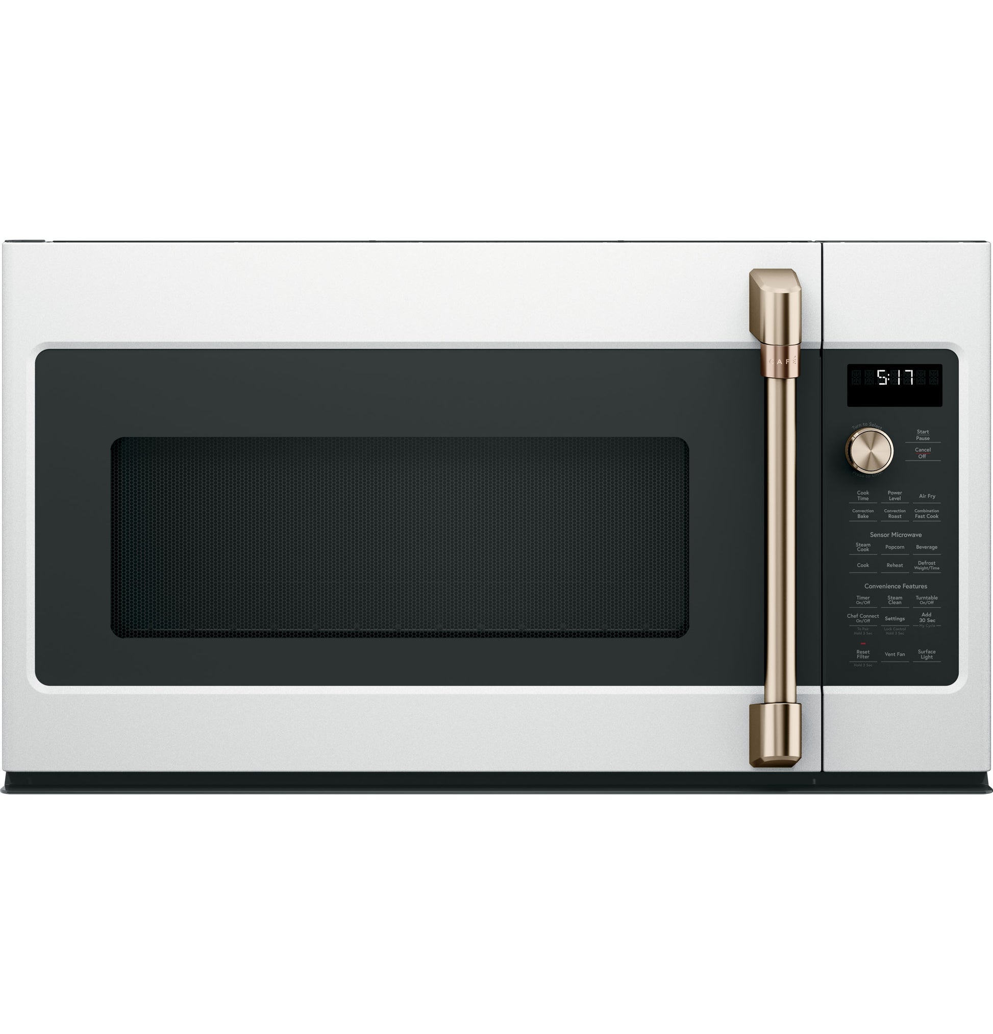 Modern stainless steel over-the-range microwave with digital display, dial control, and bronze handle from kitchen appliances collection