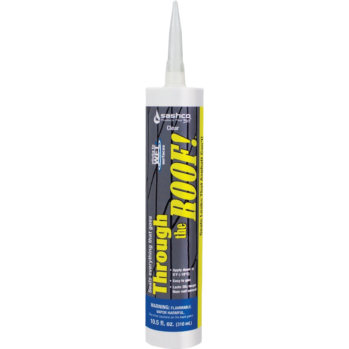 Clear tube of cement and patching sealant with pointed nozzle for tools and home improvement use
