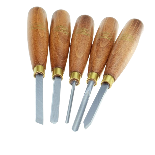 Set of five micro turning tools with wooden handles and steel blades for detailed woodworking and home improvement tasks