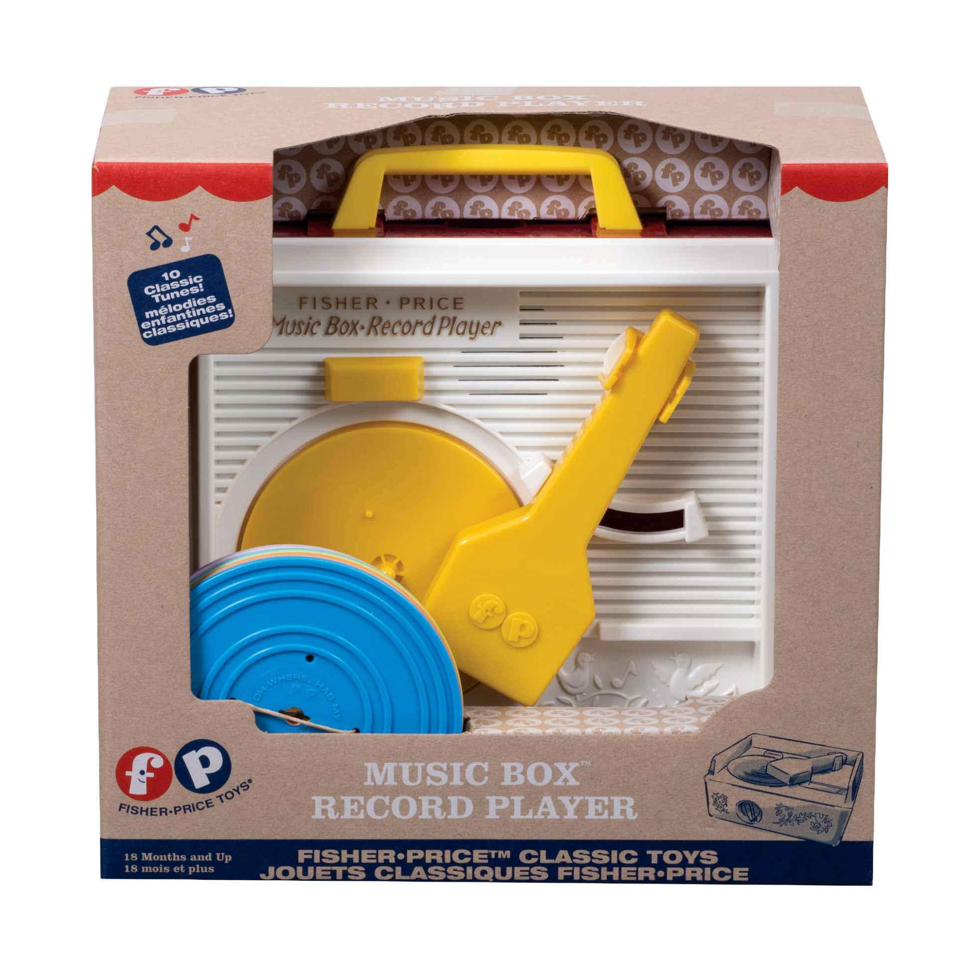 Retro-style Fisher Price record player music box toy with yellow and blue details in cardboard packaging