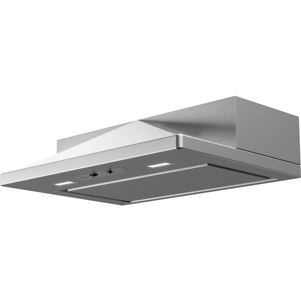 Contemporary stainless steel range hood with integrated LED lights for kitchen improvement and appliance collections
