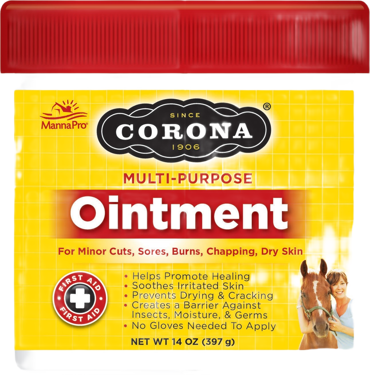 Yellow container of multi-purpose ointment with red lid and healing benefits listed for minor cuts and skin care