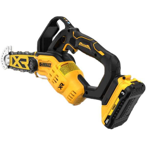 Yellow and black compact cordless brushless pruning chainsaw with 20V battery for outdoor power tools and lawn care tasks