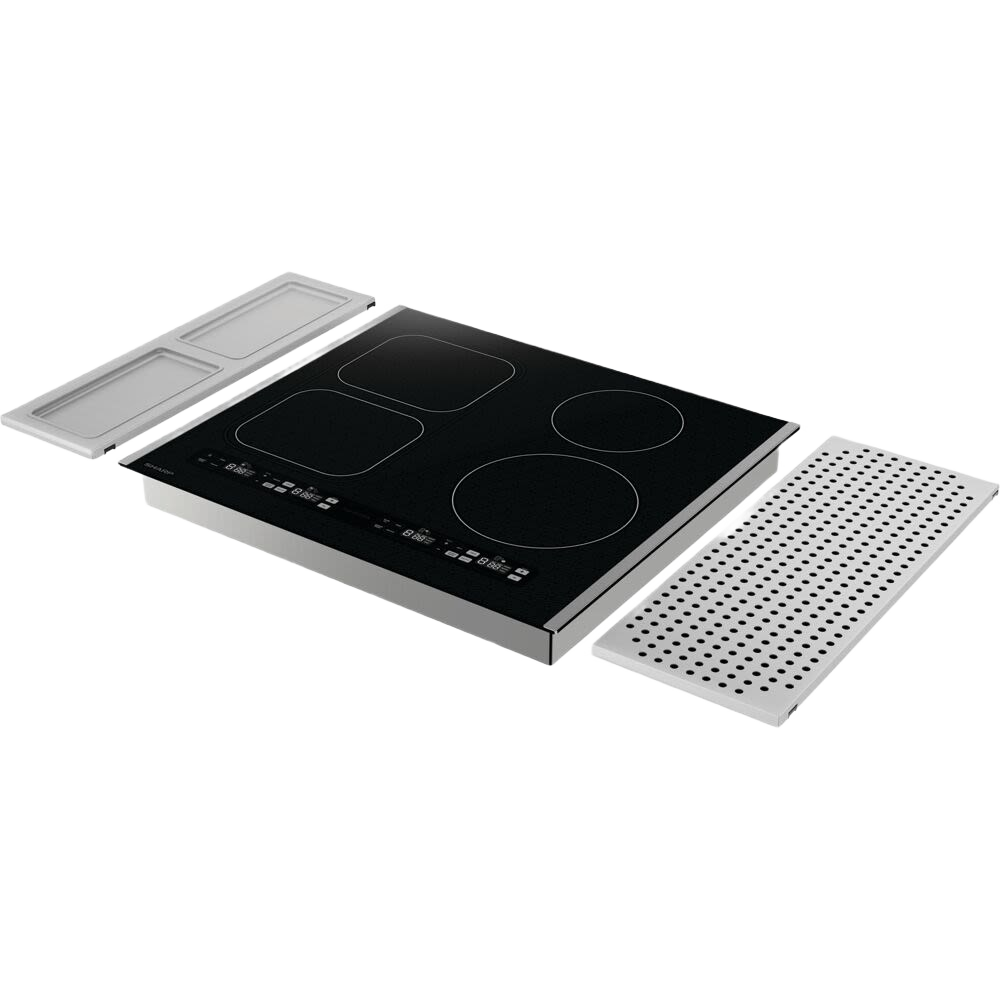 Glass-top 24-inch induction cooktop with four cooking zones and stainless steel trim in kitchen appliances collection