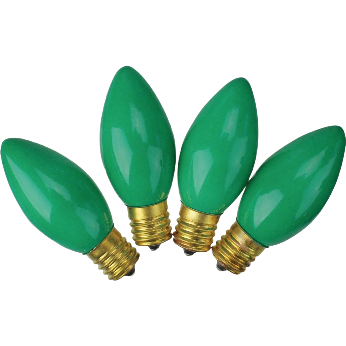 Four green C9 replacement light bulbs with brass bases for Christmas Lights and home improvement fixtures under $50