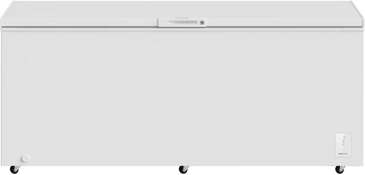 White chest freezer with sturdy lid and caster wheels for easy mobility, featured in Freezers & Ice Makers and Chest Freezers collections