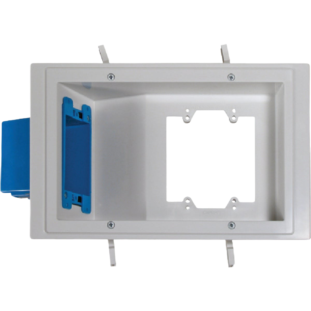 White plastic electrical wall box with integrated mounts for audio and video connections in home improvement collections