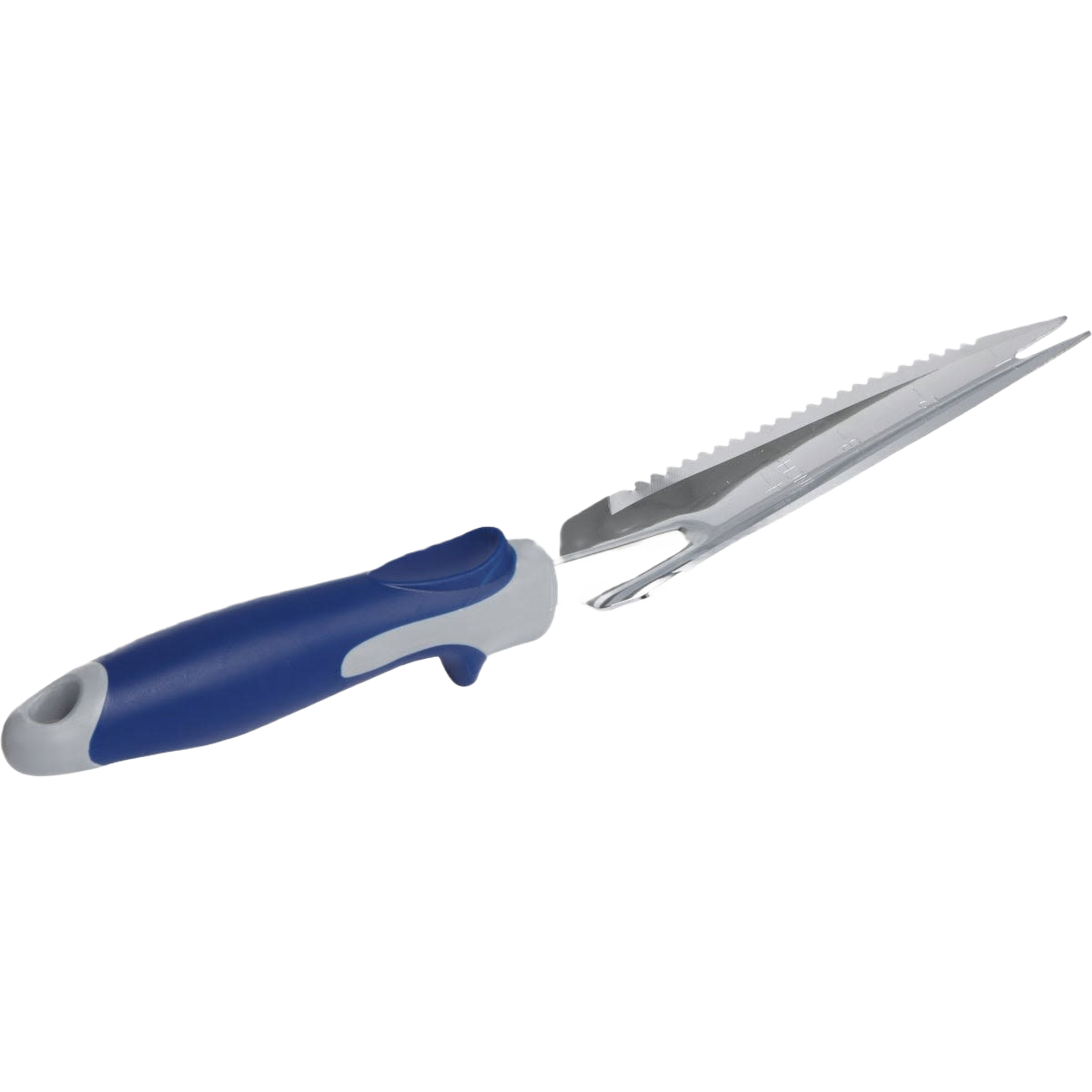 Garden transplanter tool with ergonomic blue handle and narrow stainless steel blade for precise planting tasks