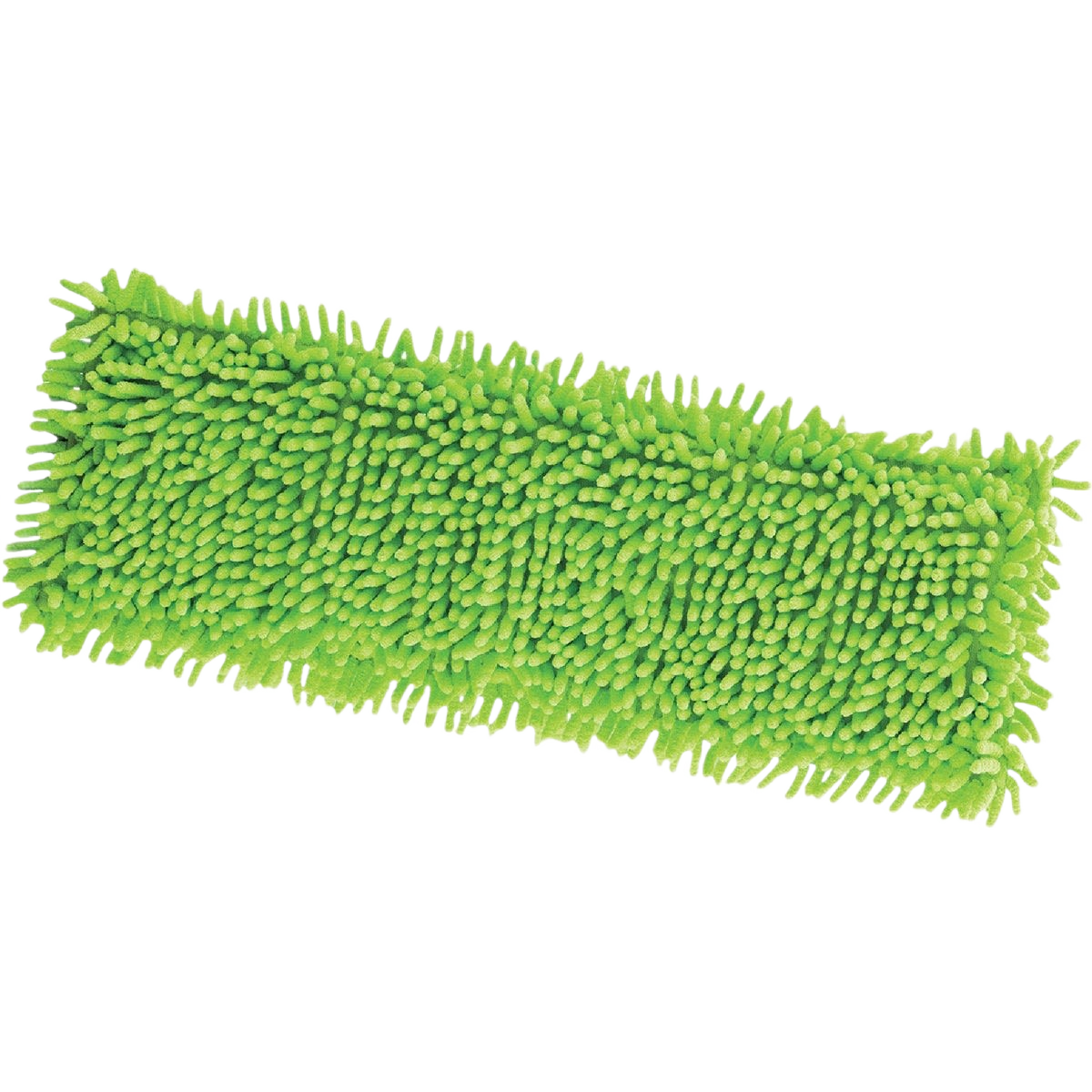 Bright green microfiber dust mop refill with thick chenille strands designed for efficient dust and dirt pickup in home cleaning tasks