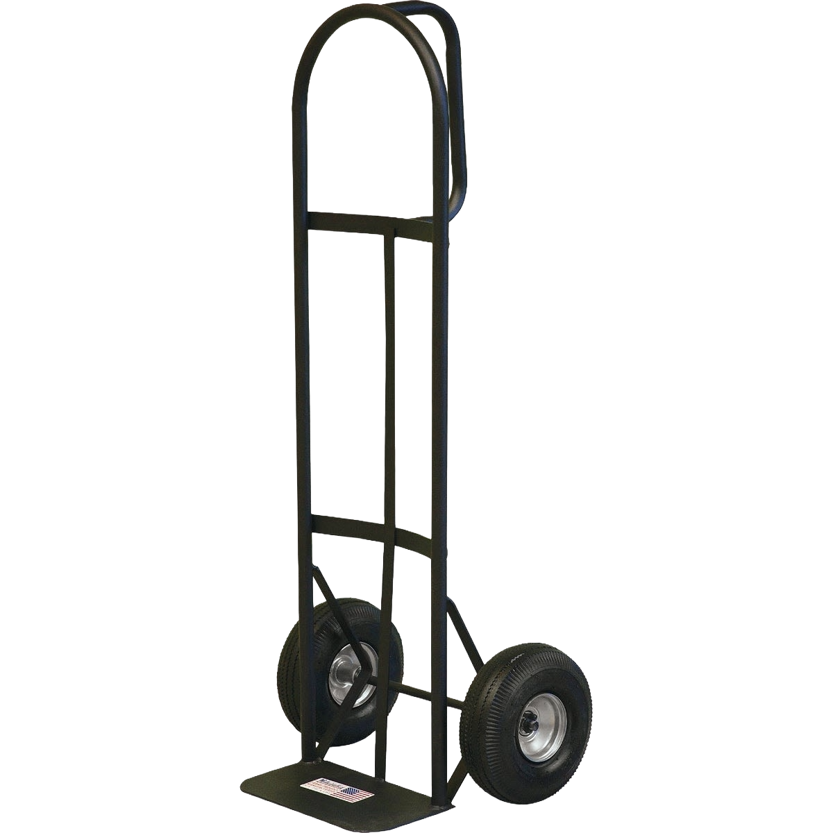 Heavy-duty black steel hand truck with D-shaped handle and two large wheels for moving heavy loads in tools collections