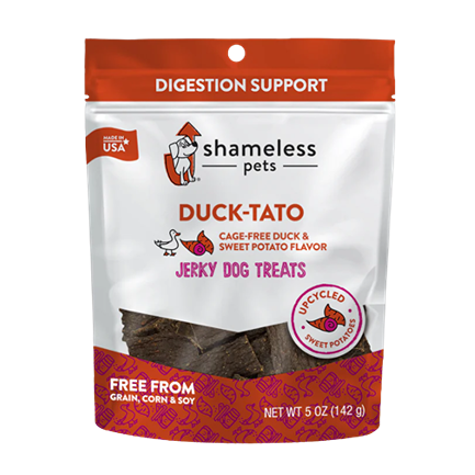 Resealable bag of duck and sweet potato flavored jerky dog treats supporting digestion and free from grain, corn, soy