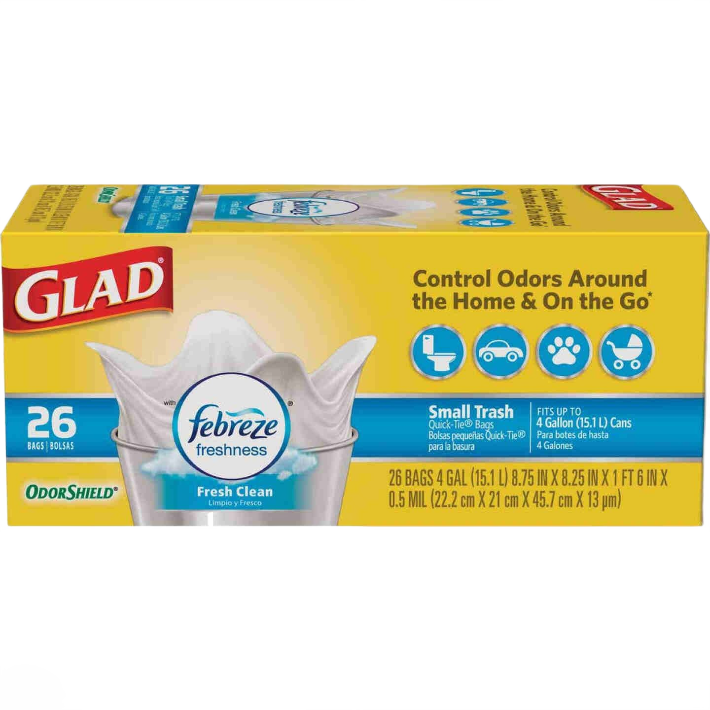 Glad White Febreze Fresh odor control small 4 gallon trash bags pack for household and portable use