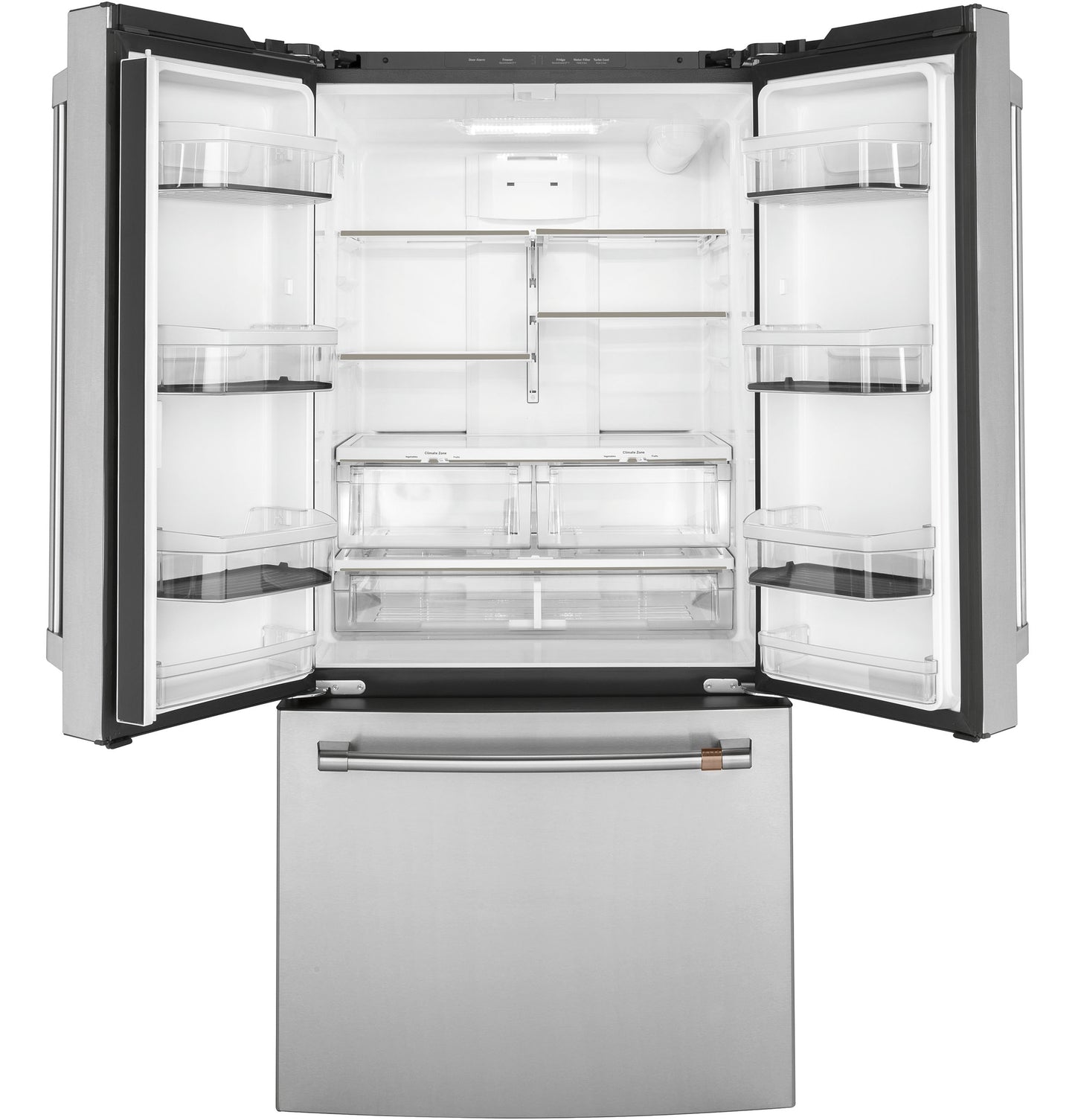 Stainless steel French-door refrigerator with open doors showing adjustable shelves and bottom freezer drawer in appliances collection