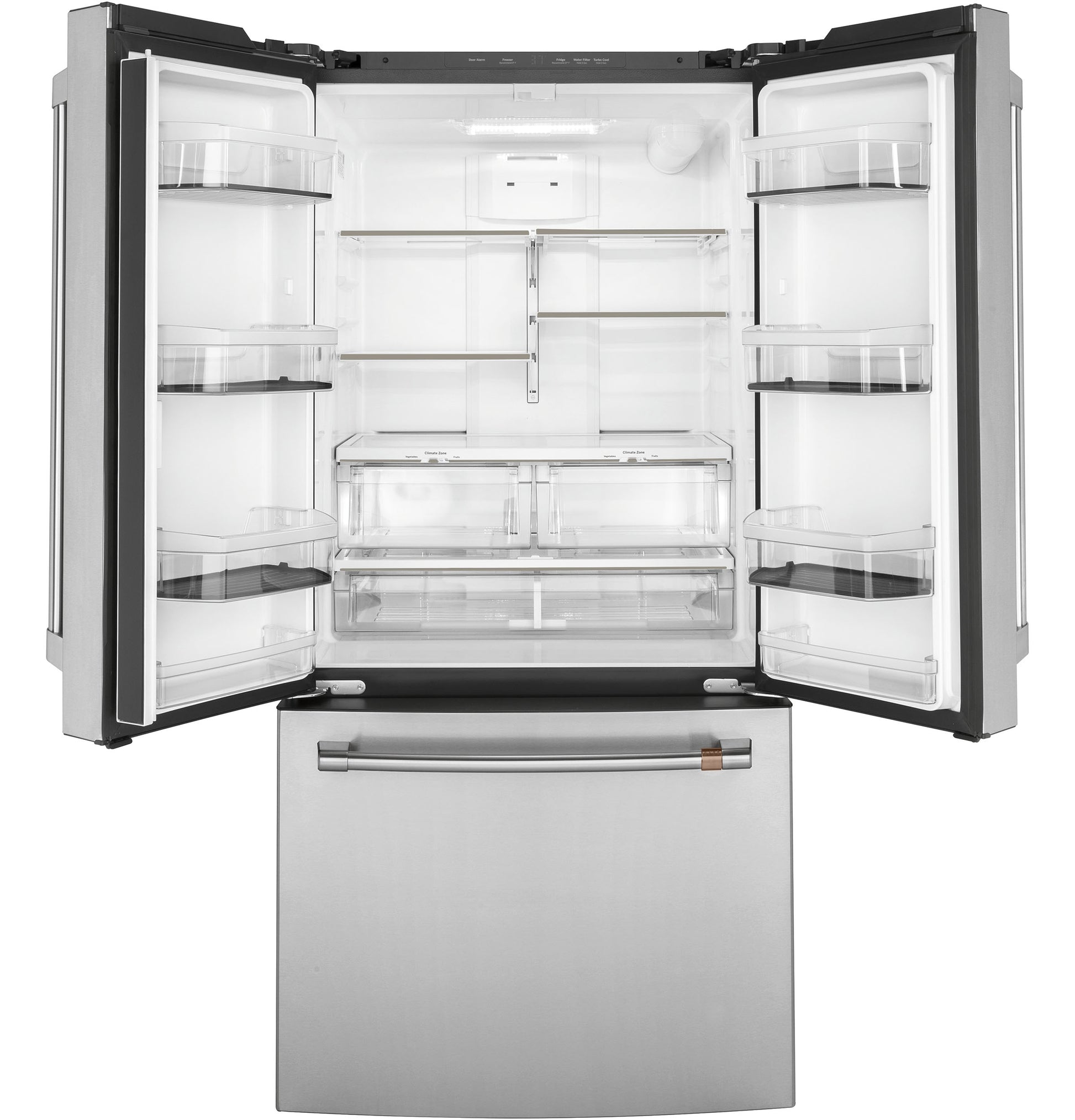 Stainless steel French-door refrigerator with open doors showing adjustable shelves and bottom freezer drawer in appliances collection