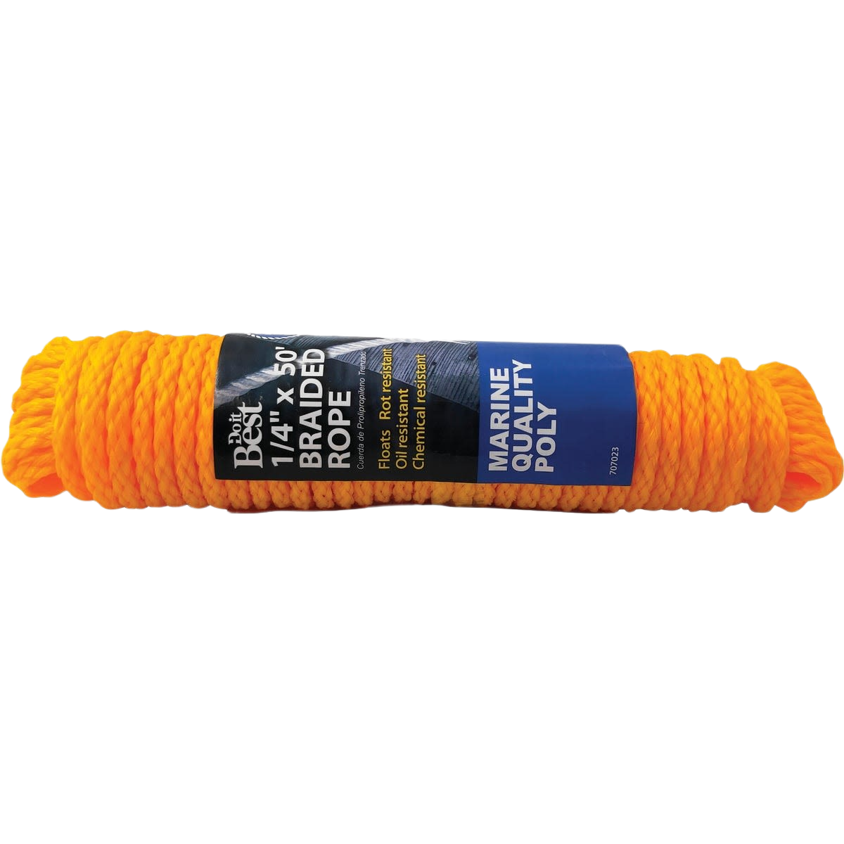 Yellow braided polypropylene rope measuring 1/4 inch by 50 feet, designed for marine quality and home improvement.
