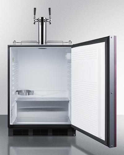 Black built-in kegerator with open door, dual chrome taps, and white interior from Refrigerators and Kitchen collections