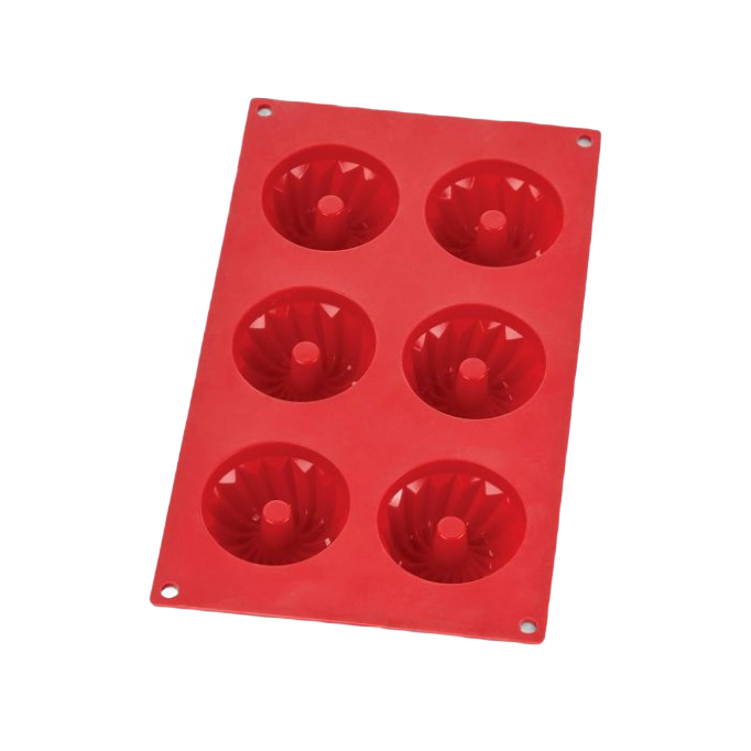 Red silicone mini fluted cake pan with six circular cavities for baking small, detailed cakes or desserts