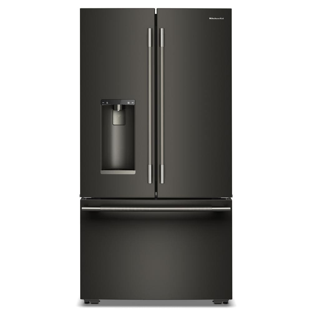 Counter-depth black stainless steel French door refrigerator with bottom freezer drawer and built-in water dispenser, part of Refrigerators, French Door Refrigerators, Kitchen & Kitchenware, and Appliances collections.