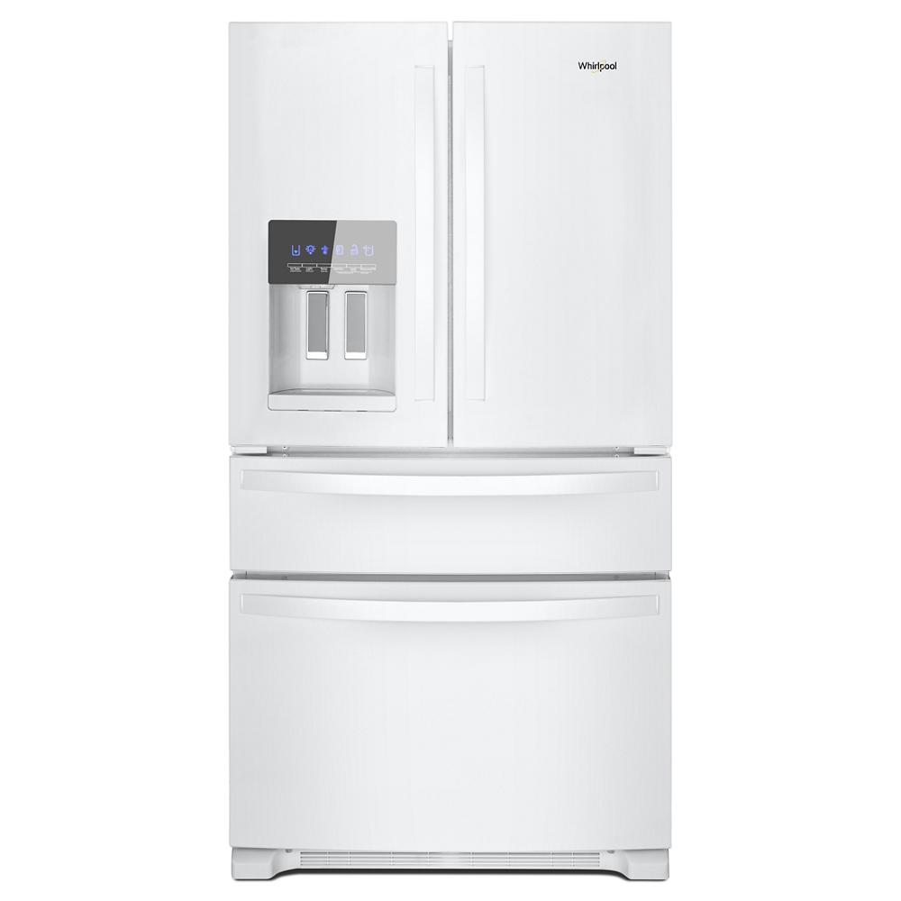 White French door refrigerator with bottom freezer and exterior water dispenser in kitchen appliances collection