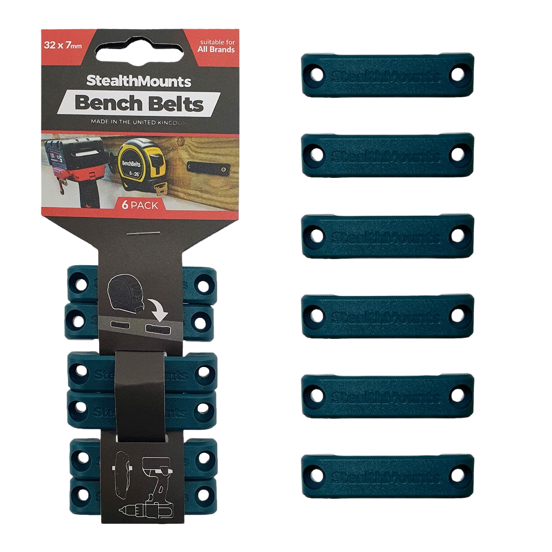 Six-pack of blue universal tool holders for bench belts, designed for workshop organization and woodworking tool storage under $50.