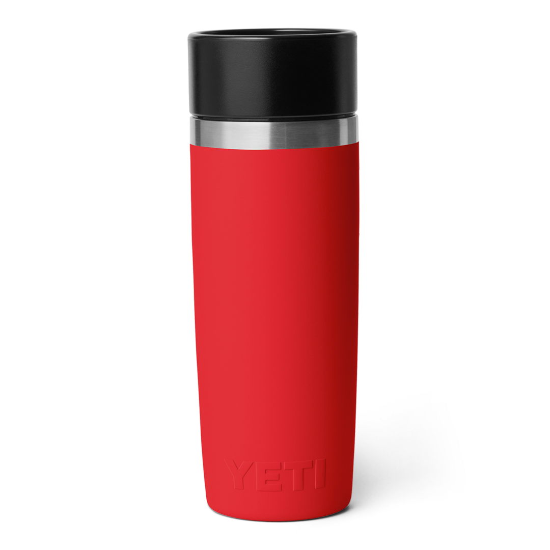Bright red insulated 16 oz travel bottle with stainless steel band and black screw-on lid in drinkware collection