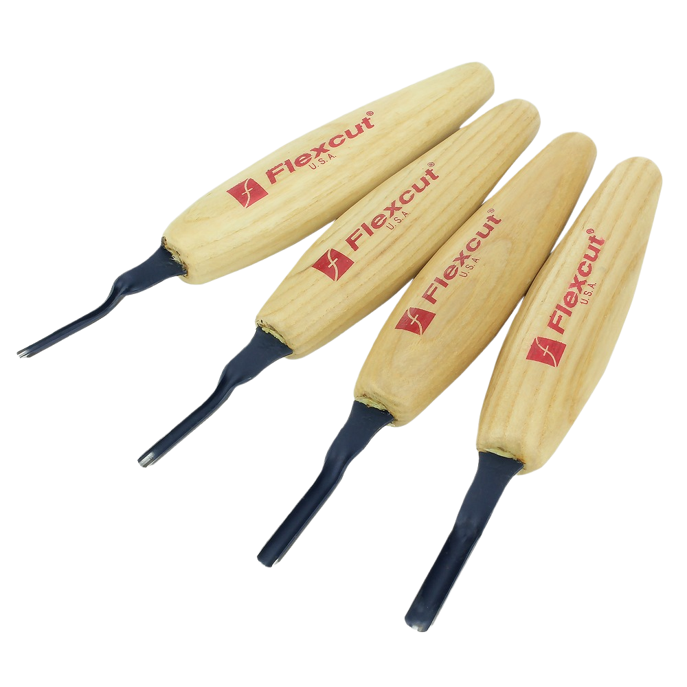 Set of four Flexcut shallow U-gouge micro chisels with wooden handles for fine woodworking and carving tools collections