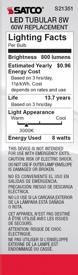 Lighting facts label for 8 watt tubular LED bulb with 800 lumens brightness, warm 3000K color temperature, and energy cost details