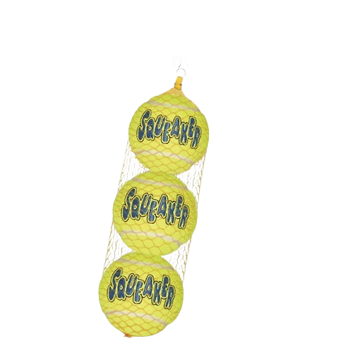 Three yellow tennis balls with Squeaker logo packed in a mesh bag for small breed dogs' playtime fun