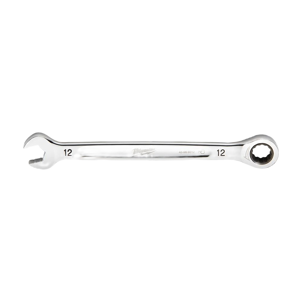 Chrome-finished 12mm ratcheting combination wrench with polished surface for home improvement and tool use