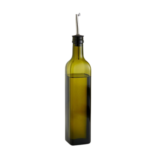 Green glass olive oil bottle with stainless steel pourer, ideal for kitchen storage and food organization accessories.