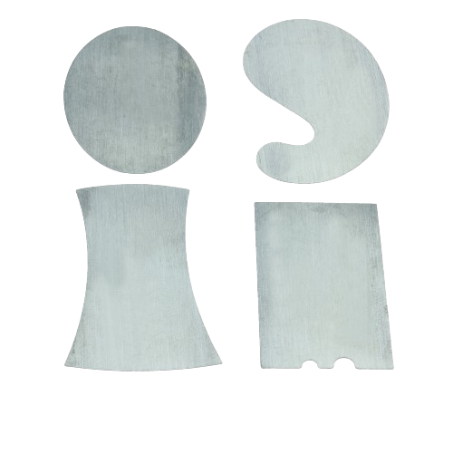 Set of four miniature metal cabinet scrapers with varied edge shapes for precise wood surface smoothing and tools use
