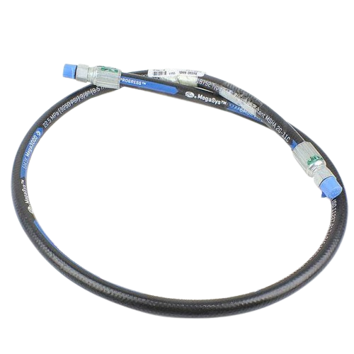 Flexible hydraulic hose with metal fittings on both ends for fluid transfer in machinery and home improvement applications