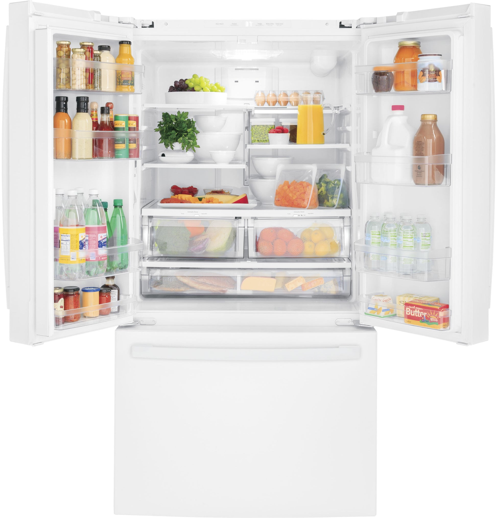 Open white French-door refrigerator filled with fresh food and beverages in Appliances and Kitchen & Kitchenware collections