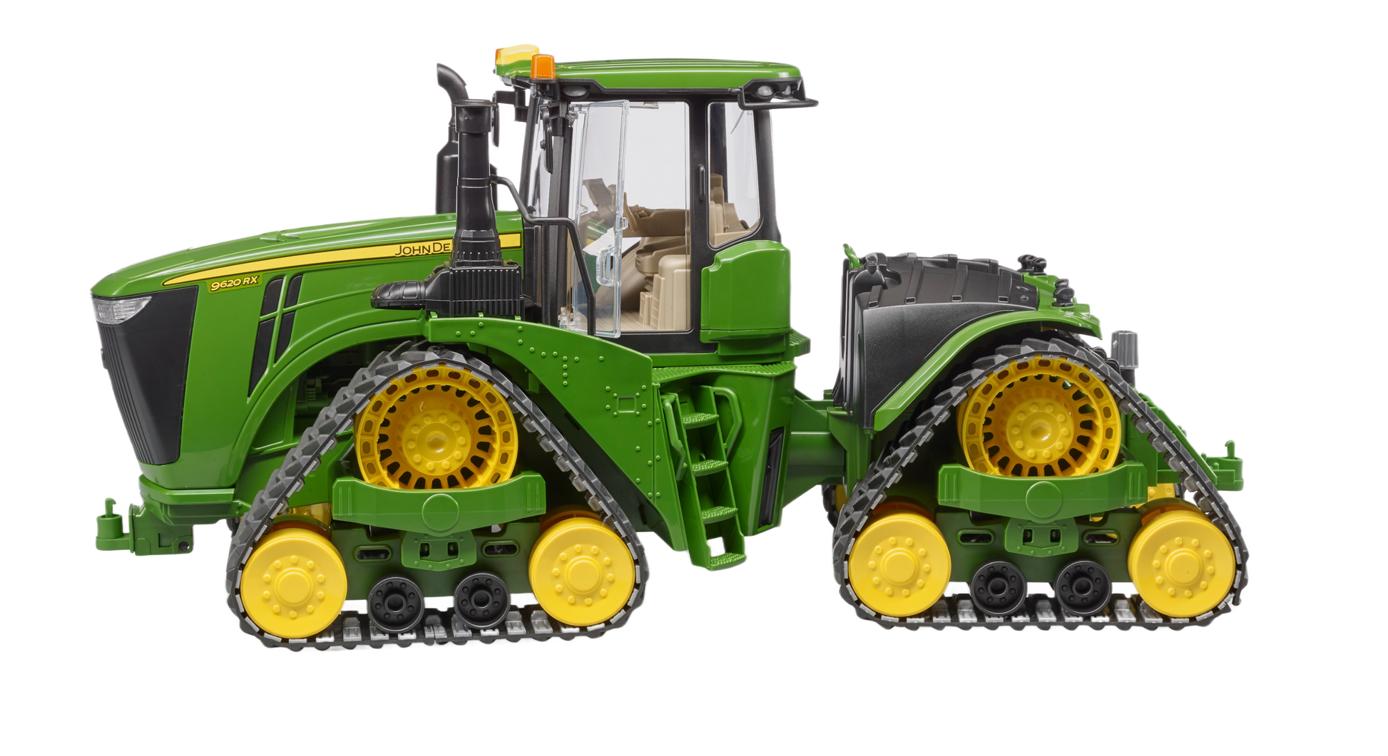 Green Bruder toy model of John Deere 9620RX crawler tractor with detailed yellow track belts from Vehicles & Remote Controlled Toys collection