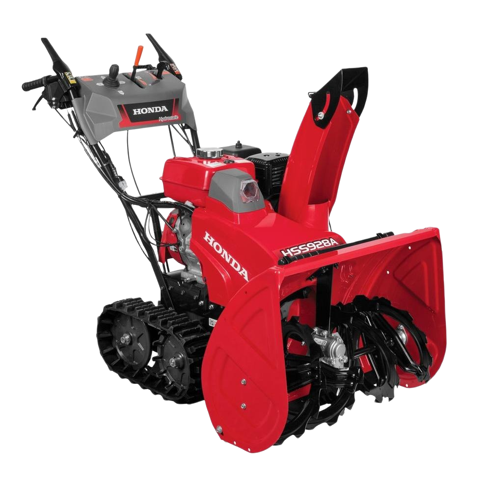 Red and gray Honda two-stage gas snow blower with hydrostatic track drive and adjustable chute for home improvement tasks