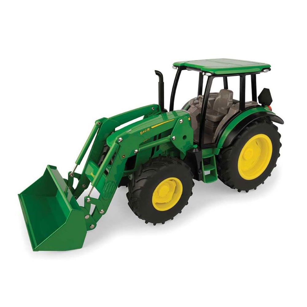 Green and yellow toy tractor with loader attachment and detailed cab for realistic farm play and display