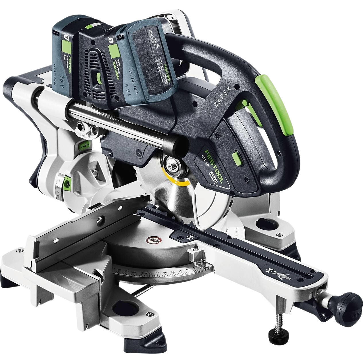 Cordless sliding compound miter saw with dual batteries and precision cutting base for power tools and home improvement use
