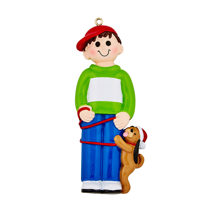 Boy in green sweater and red cap with puppy wearing a Santa hat for Christmas Ornaments & Tree Decorations collection