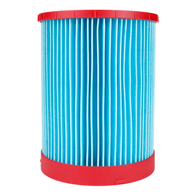Blue pleated high efficiency vacuum filter with red plastic top and bottom edges for wet and dry use