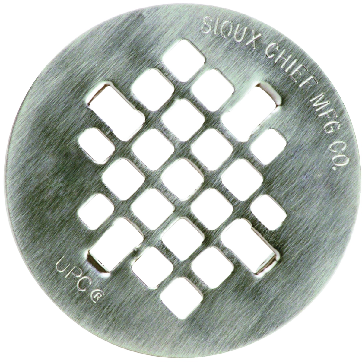Round satin nickel drain strainer with square perforations for plumbing repair and shower parts collection