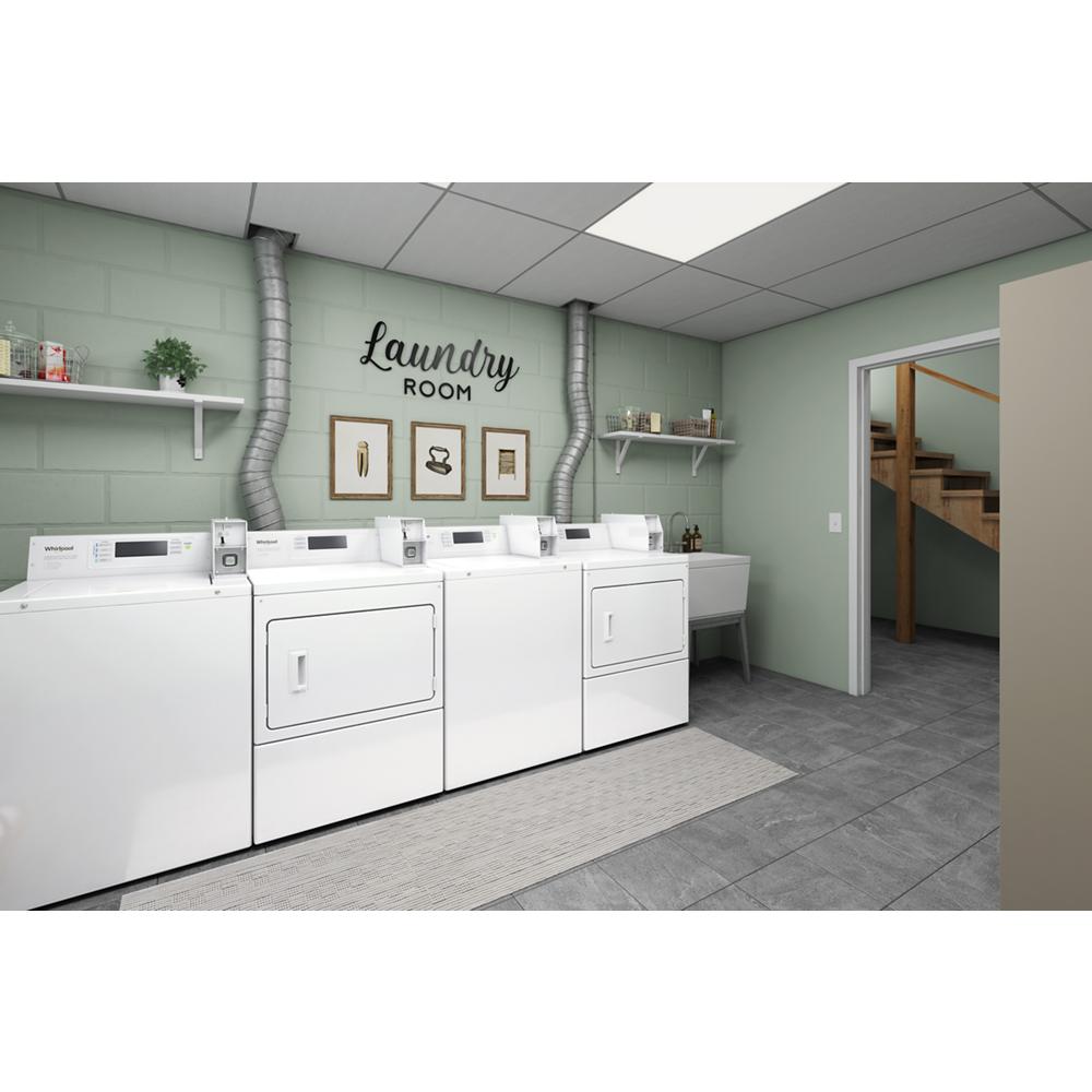 Bright laundry room with white washers and commercial gas dryers with coin boxes from the Dryers collection