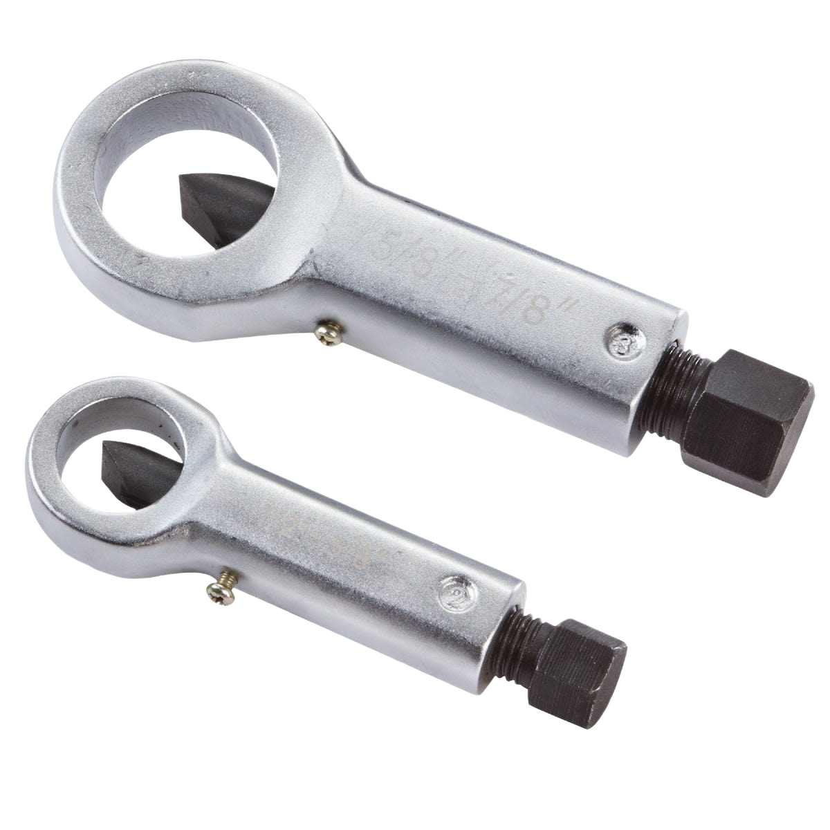 Two silver nut splitters with hexagonal bolt ends for tools and home improvement projects