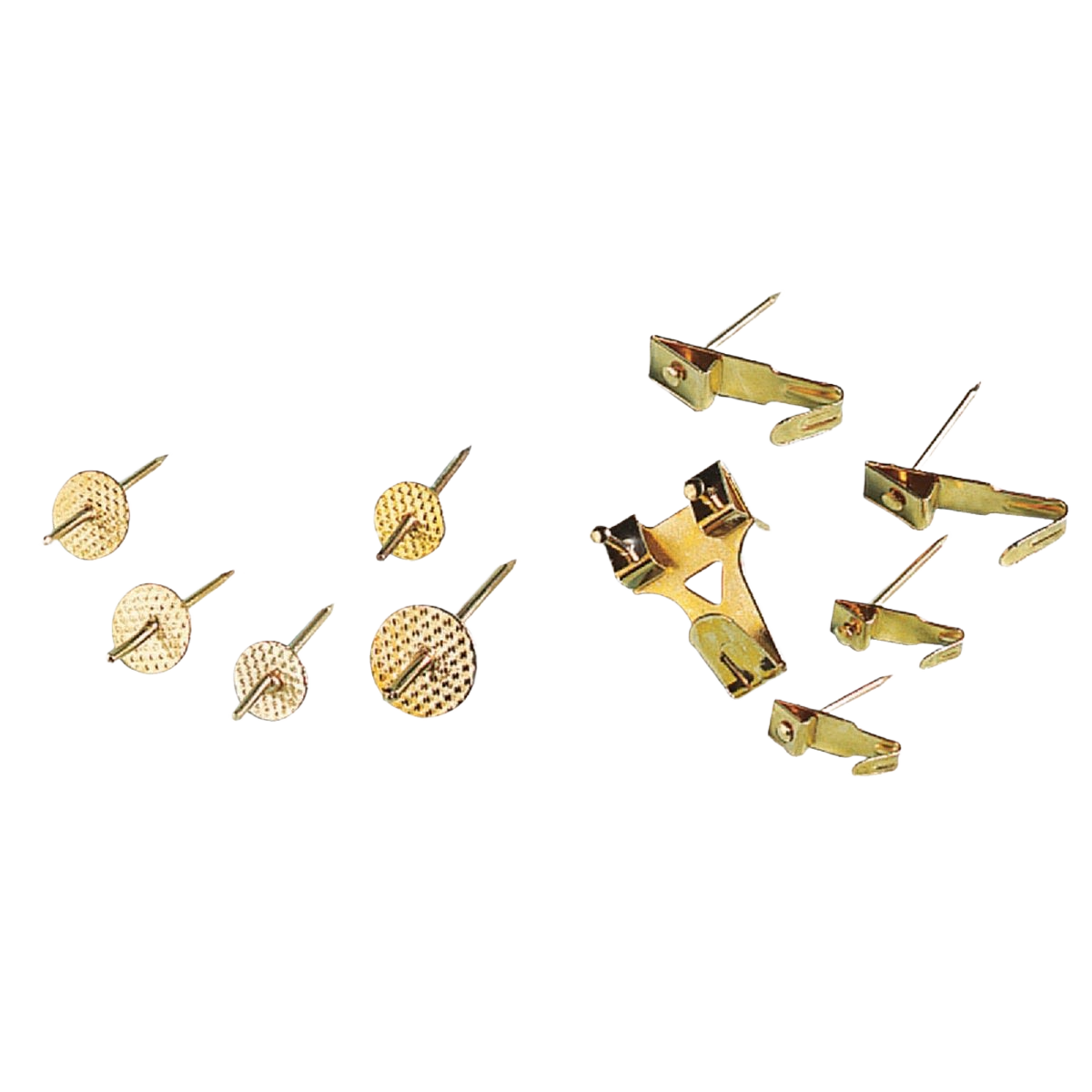 Assorted metal hangers in various sizes with nails for secure fastening in home improvement and hardware use