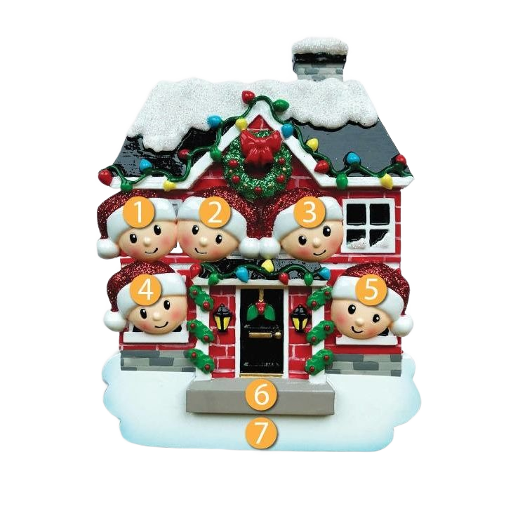 Festive red brick house ornament with five smiling characters for Christmas Ornaments & Tree Decorations under $50 collection