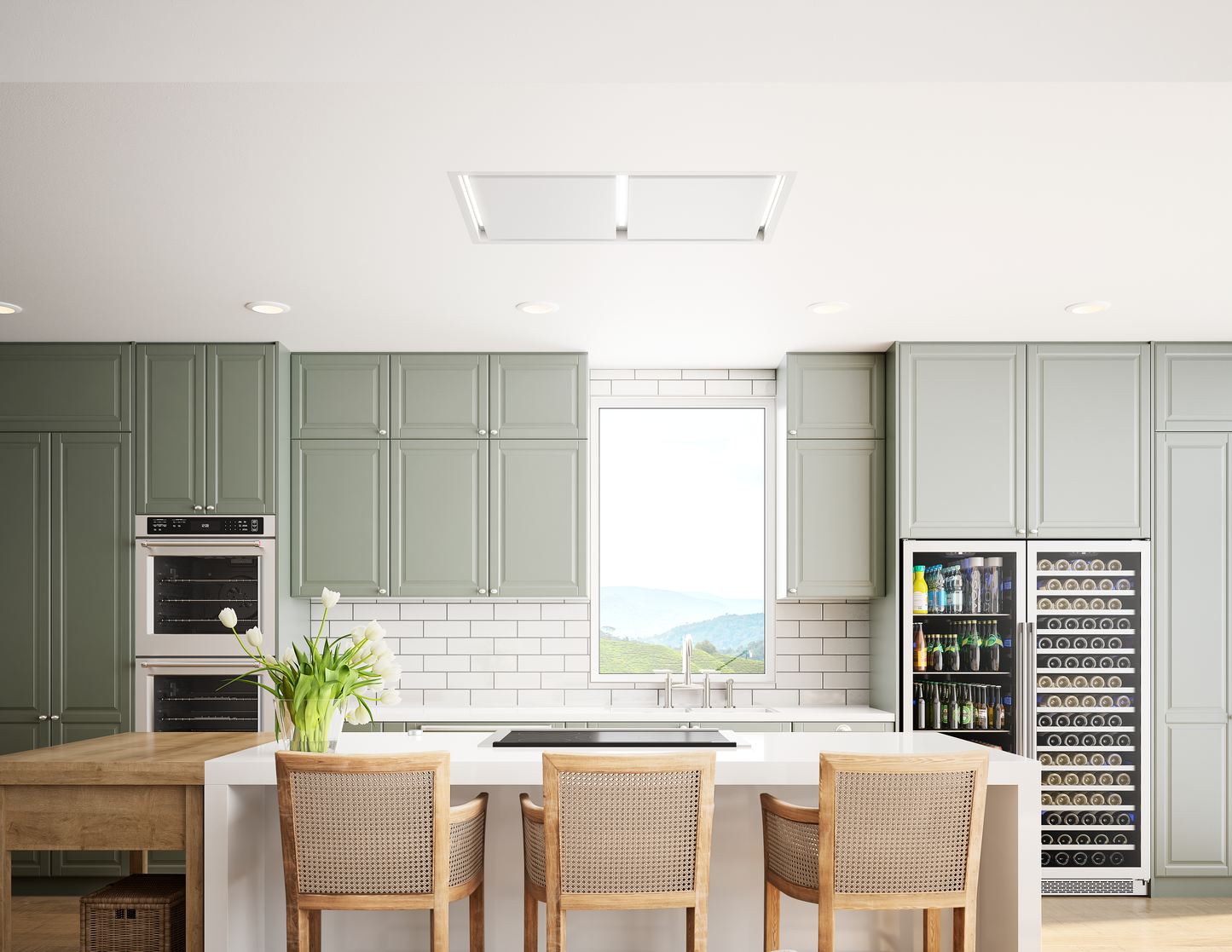 Minimalist white island range hood with LED lighting installed in a modern kitchen featuring cabinetry and built-in appliances, part of Range Hoods and Kitchen & Kitchenware collections.