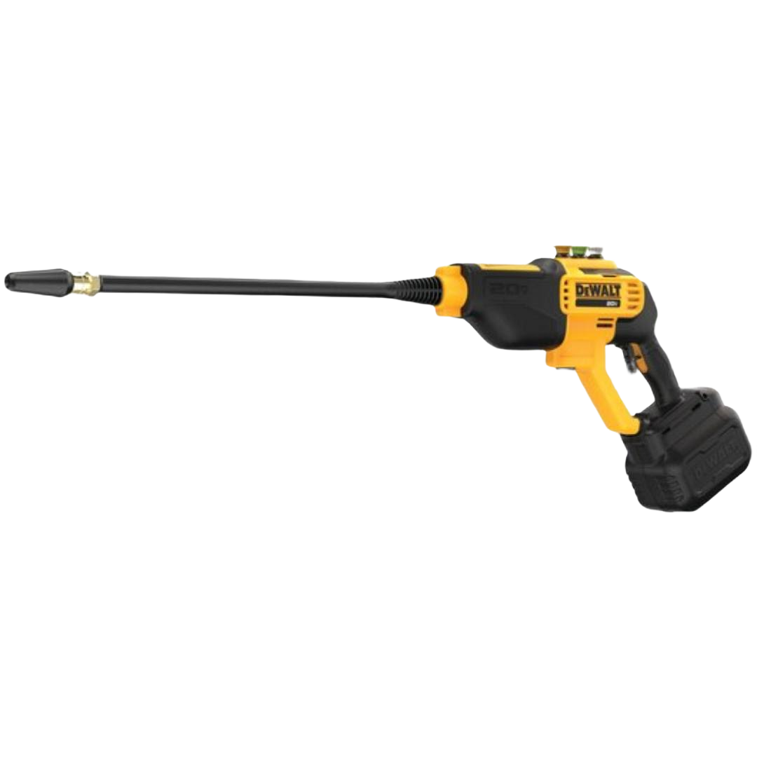 Yellow and black cordless power cleaner with extended nozzle and battery pack for tools and home improvement use